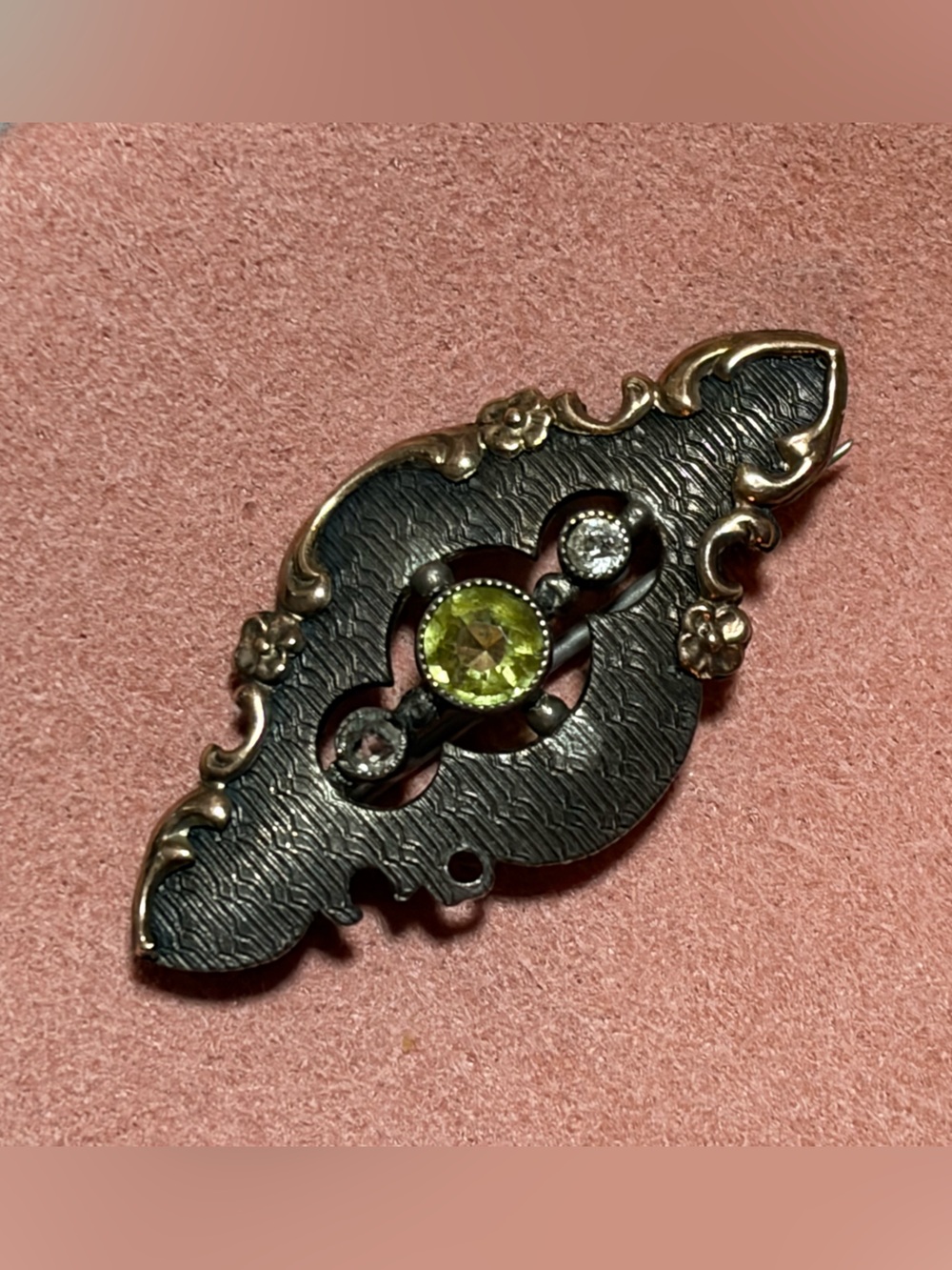 Antique 9K And Sterling Pin With Paste Stones (FLAW PLEASE READ)